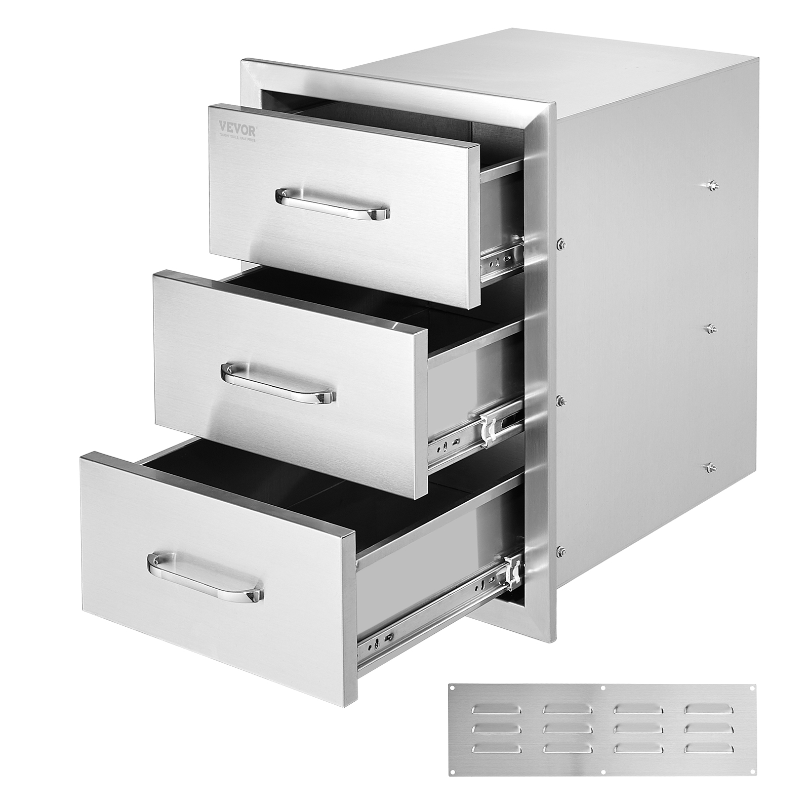 VEVOR stainless steel chest of drawers with three pull-out drawers.