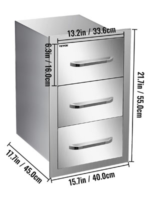 VEVOR stainless steel chest of drawers with 3 drawers, dimensions labeled