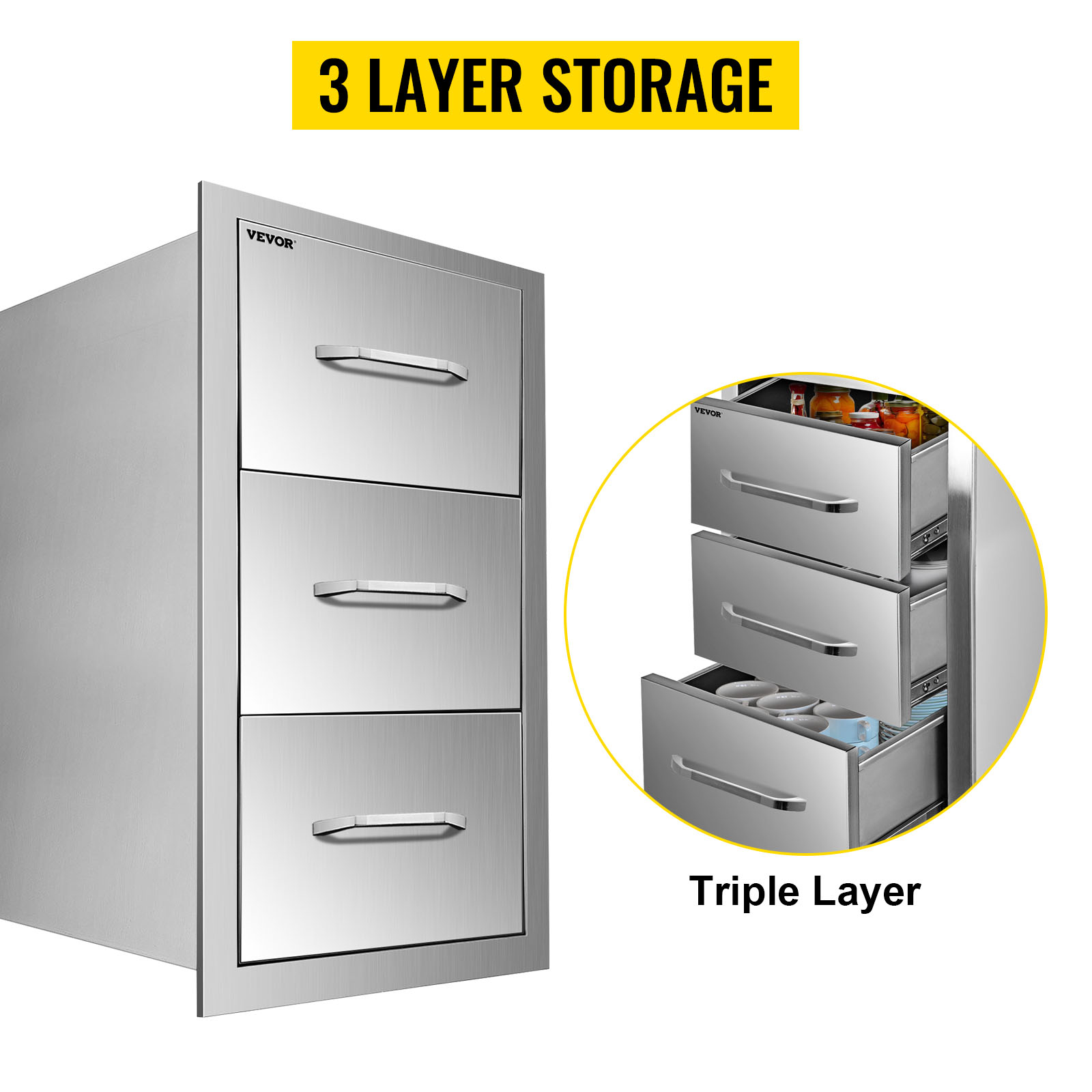 VEVOR stainless steel chest of drawers with 3-layer storage, triple layer detail shown.