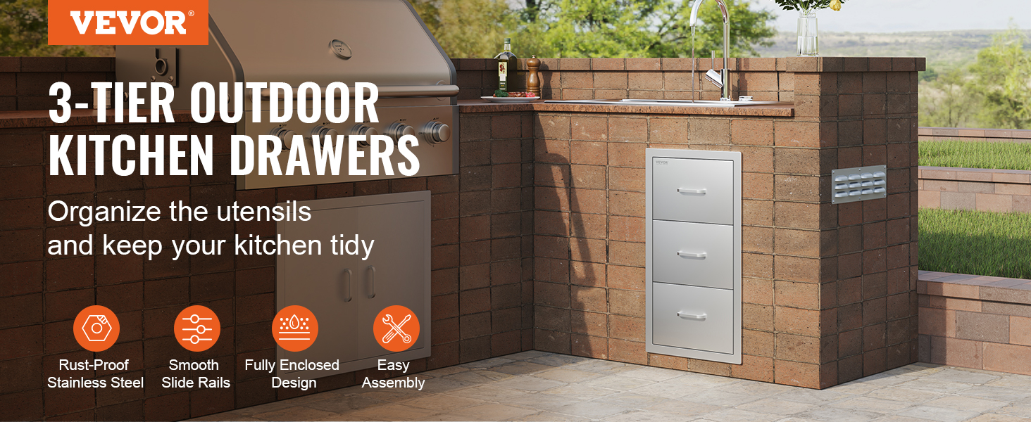 VEVOR outdoor kitchen drawers in a three-tier stainless steel design, ideal for utensil storage.