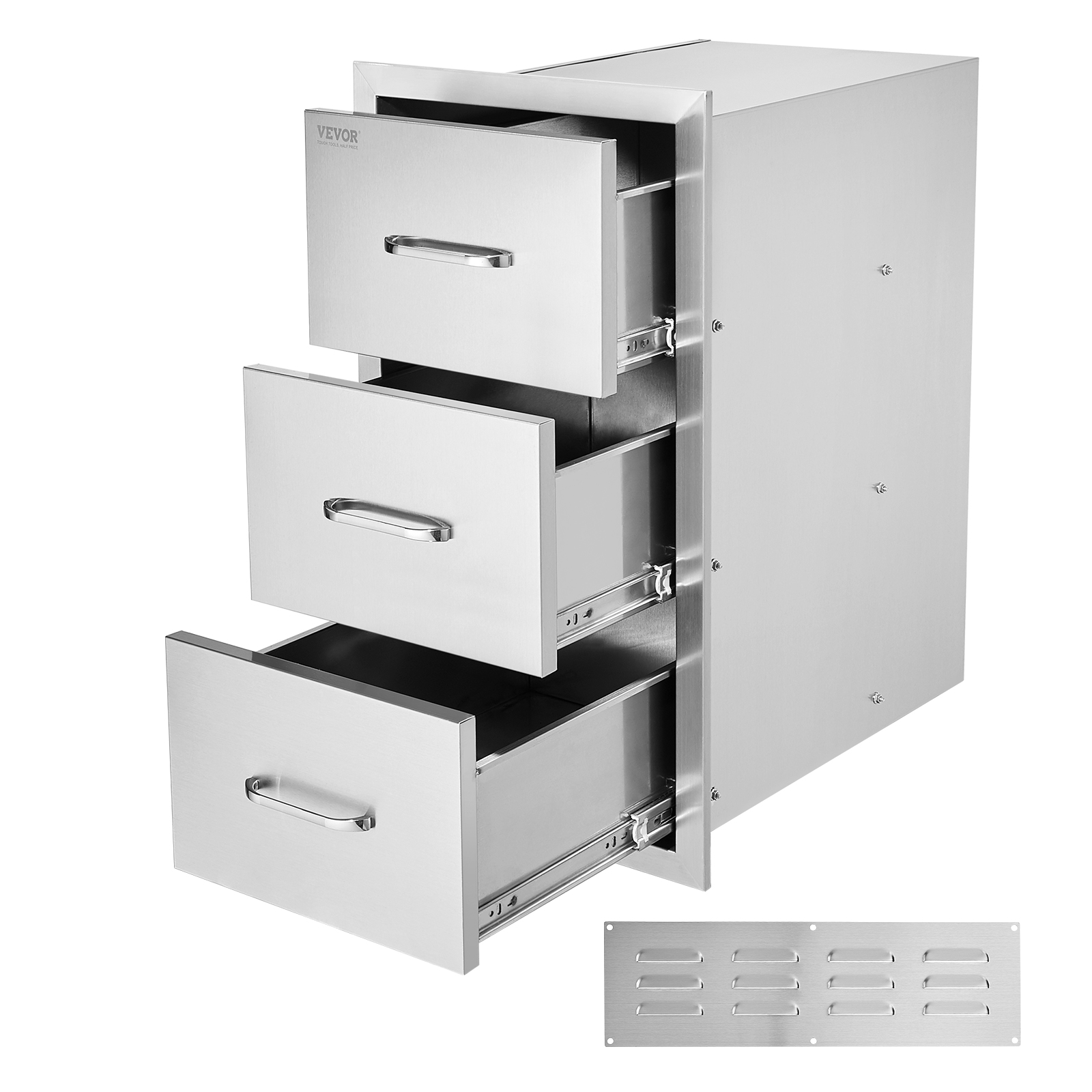 stainless steel VEVOR outdoor kitchen drawers with three pull-out compartments.
