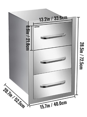 VEVOR outdoor kitchen drawers, stainless steel, 3 drawers, dimensions labeled.