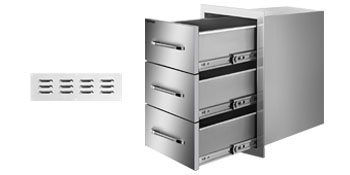 four stainless steel VEVOR outdoor kitchen drawers beside vent panel.