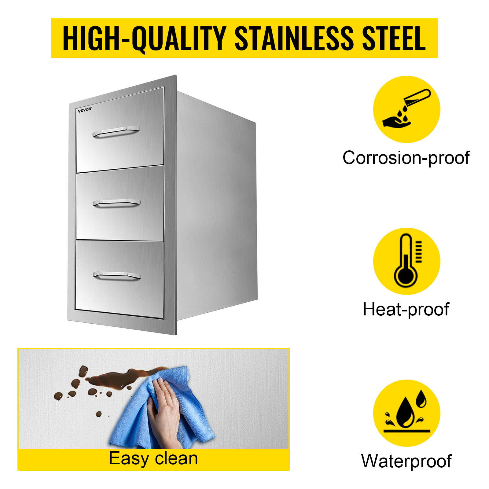 VEVOR outdoor kitchen drawers in high-quality stainless steel, corrosion-proof, heat-proof, waterproof.