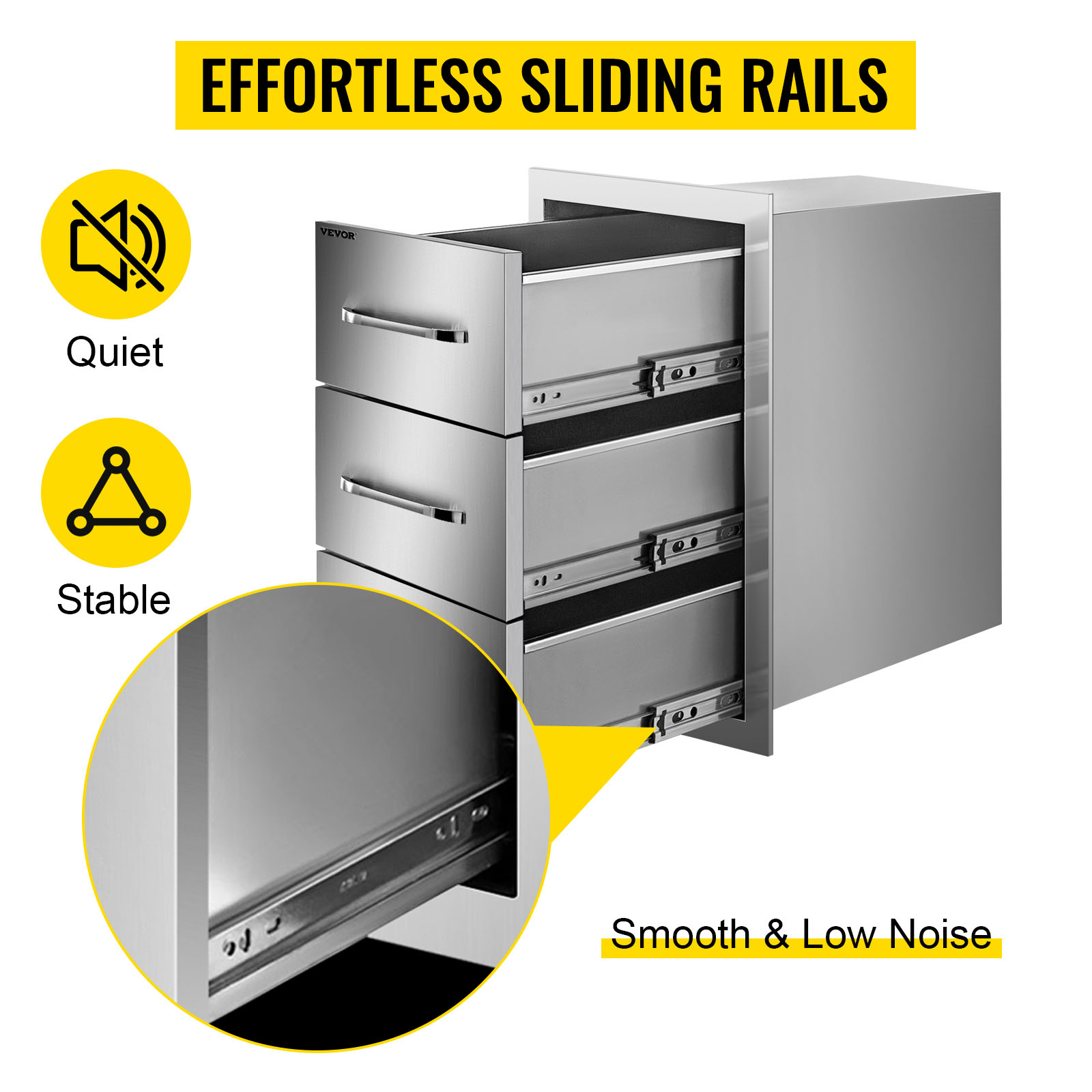 VEVOR outdoor kitchen drawers with effortless sliding rails, smooth and low noise.