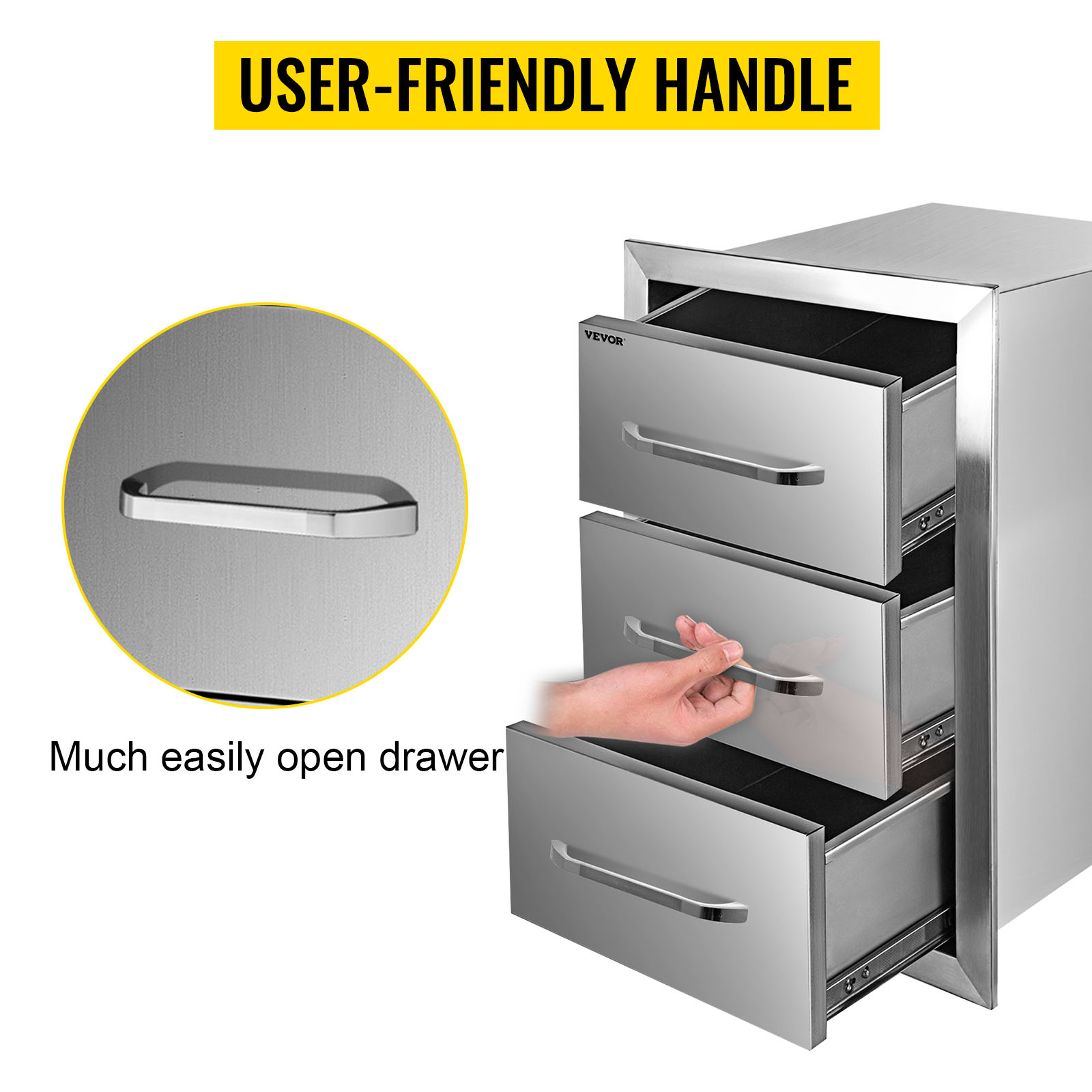 stainless steel VEVOR outdoor kitchen drawers with user-friendly handles.