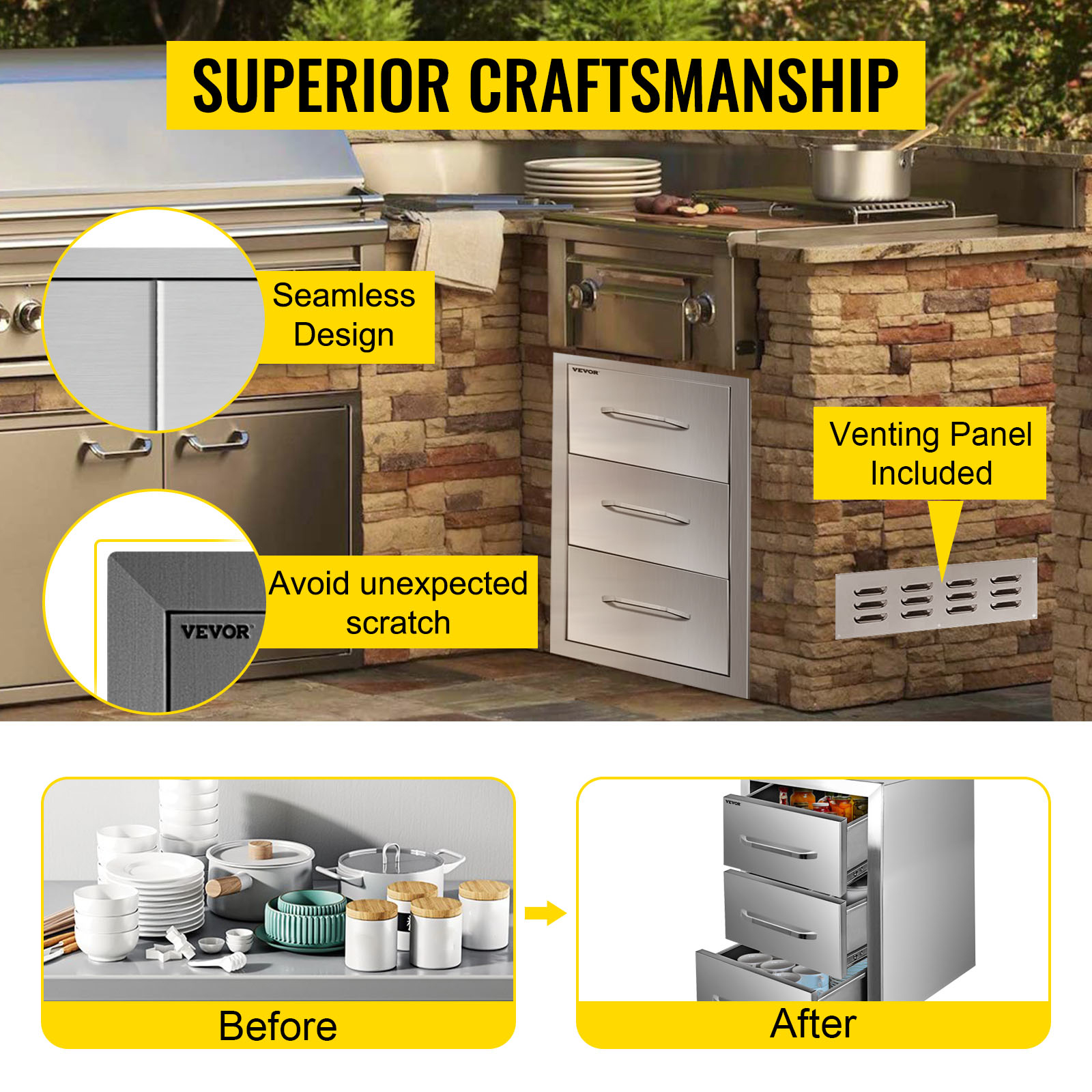 VEVOR outdoor kitchen drawers with seamless design and venting panel included.