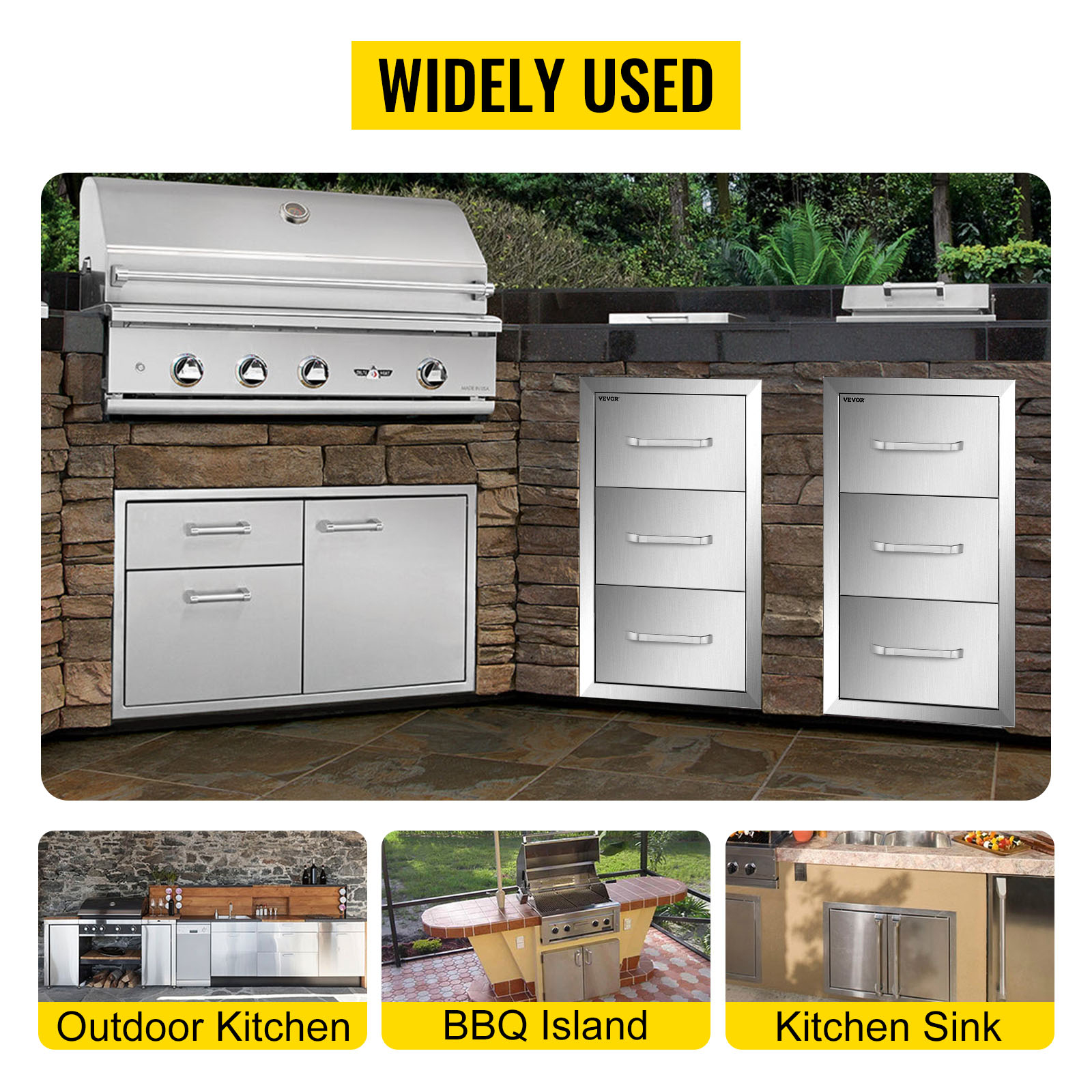 VEVOR outdoor kitchen drawers in a sleek stainless steel finish beside a gas grill.