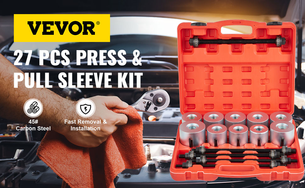VEVOR pull and press sleeve kit showcased with open red case, carbon steel components, and a wrench.