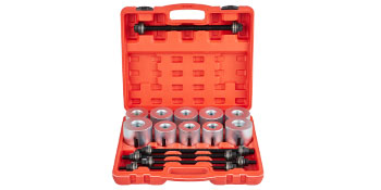 red carrying case containing the VEVOR pull and press sleeve kit with various sized metal sleeves.
