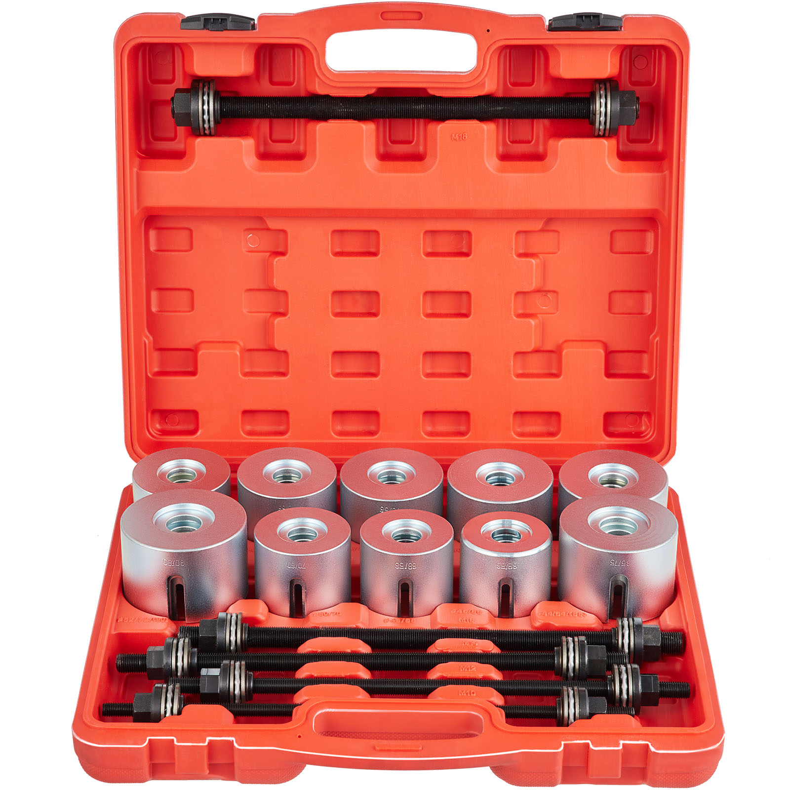 VEVOR pull and press sleeve kit with various size sleeves in an orange carrying case.