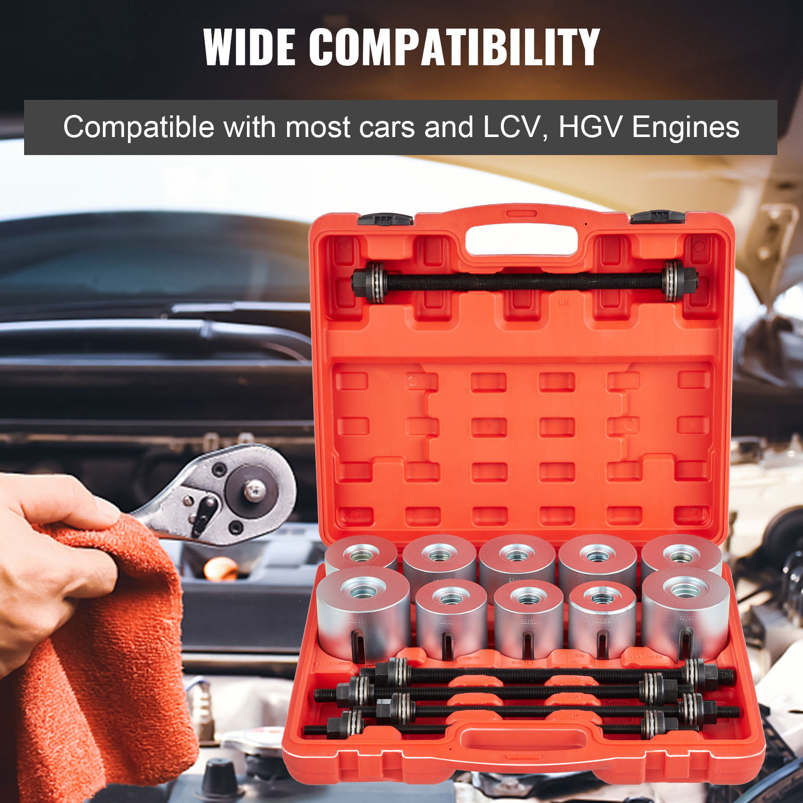 VEVOR pull and press sleeve kit in orange case with various sleeves and parts, compatible with car engines.