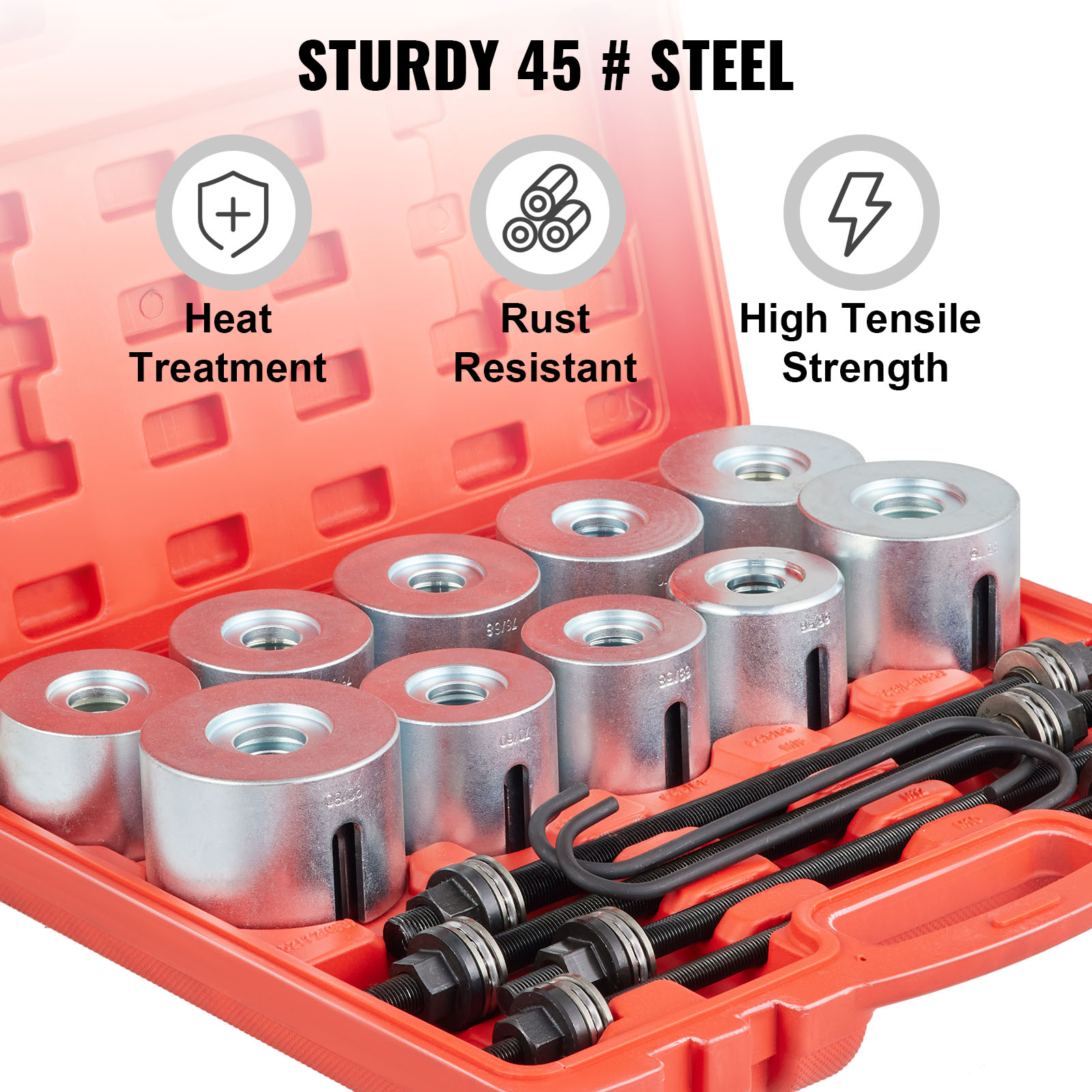 VEVOR pull and press sleeve kit in a red case, showcasing heat-treated, rust-resistant steel sleeves.