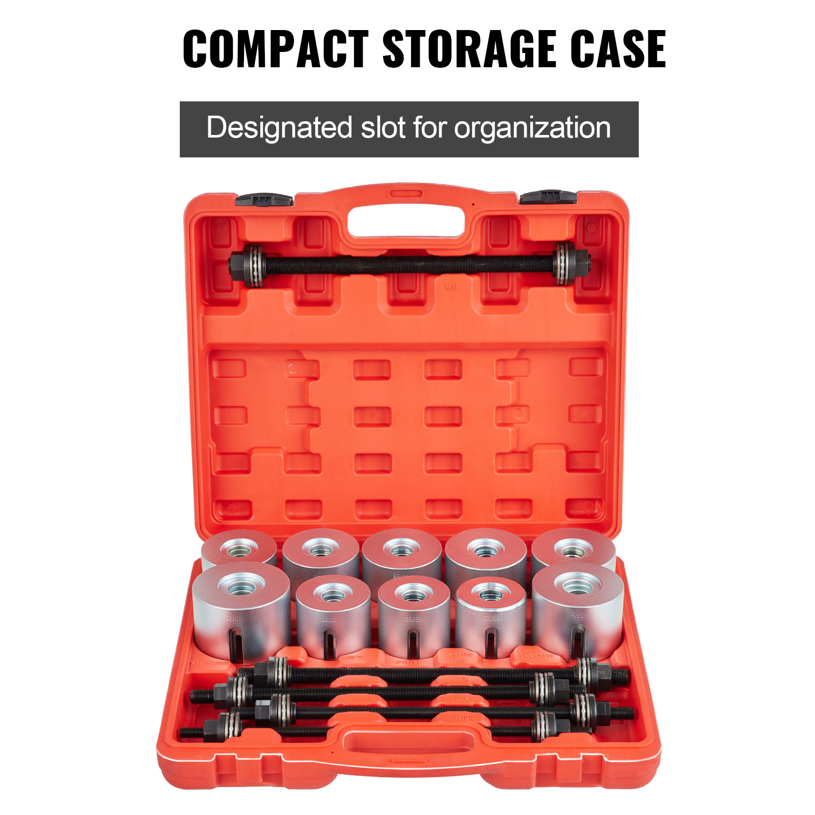 VEVOR pull and press sleeve kit in orange case with organized slots for various tool components.
