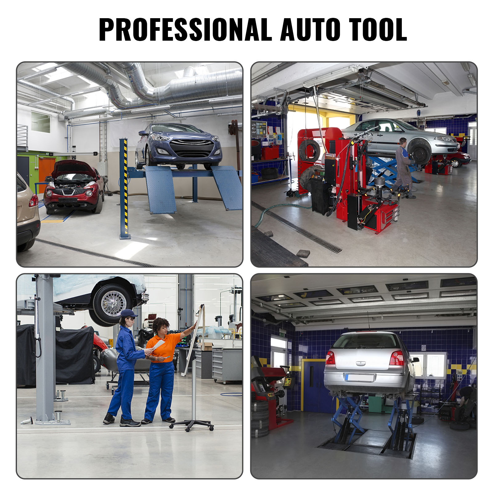 auto shop with vehicles on hydraulic lifts, mechanics, and equipment, promoting VEVOR pull and press sleeve kit.