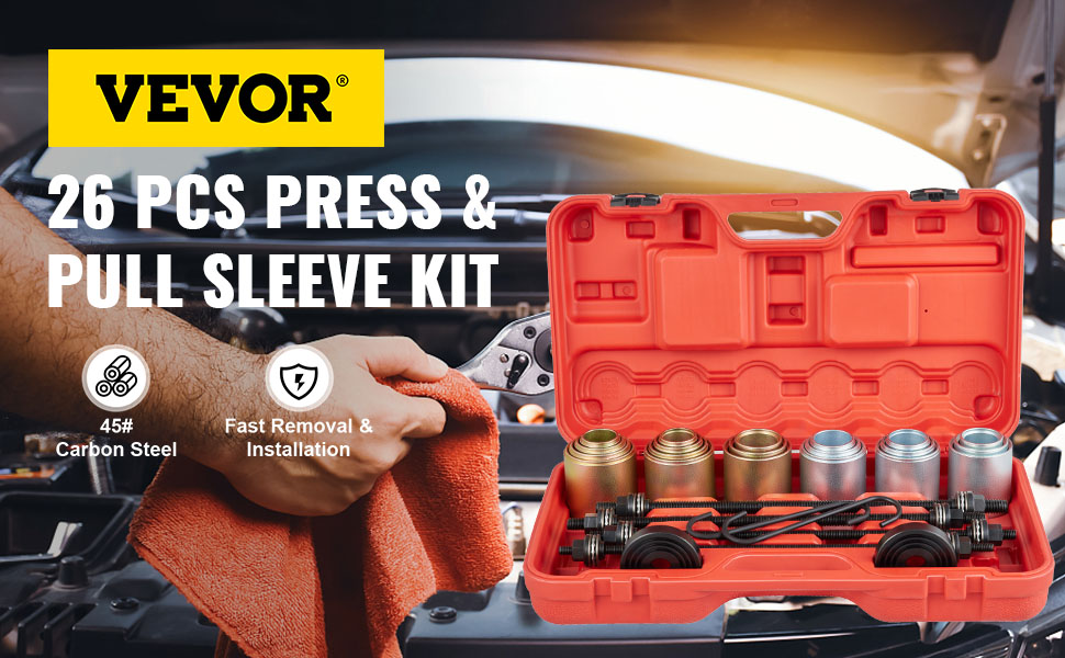 VEVOR pull and press sleeve kit in red case with metal tools; 26 pieces for car maintenance.