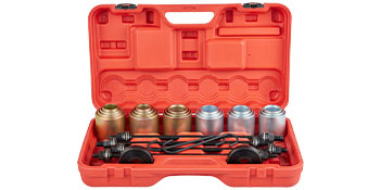 red case displaying eight metallic VEVOR pull and press sleeve kit components organized neatly.