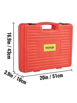 sarkana VEVOR bukses noņemšanas instrumentu komplekta korpuss ar izmēriem: 16,9 collas x 3,9 collas x 20 collas.