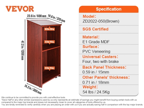 VEVOR podium stand, brown, 47.2in height, 2 shelves, holds up to 66 lbs, e1 grade mdf with pvc veneer.