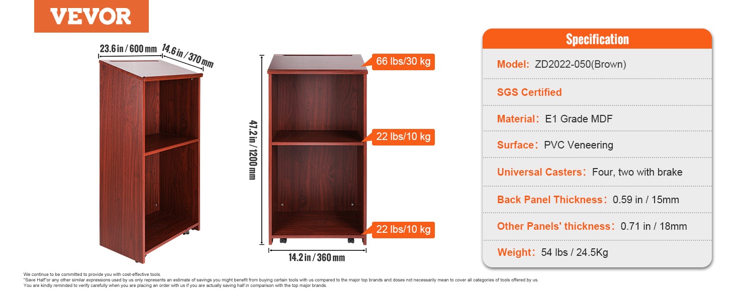 VEVOR podium stand, brown, 47.2in height, 2 shelves, holds up to 66 lbs, e1 grade mdf with pvc veneer.