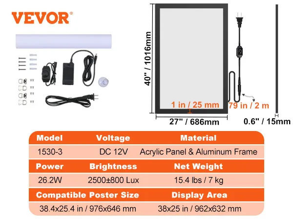 VEVOR led poster frame with acrylic panel, dimensions 40
