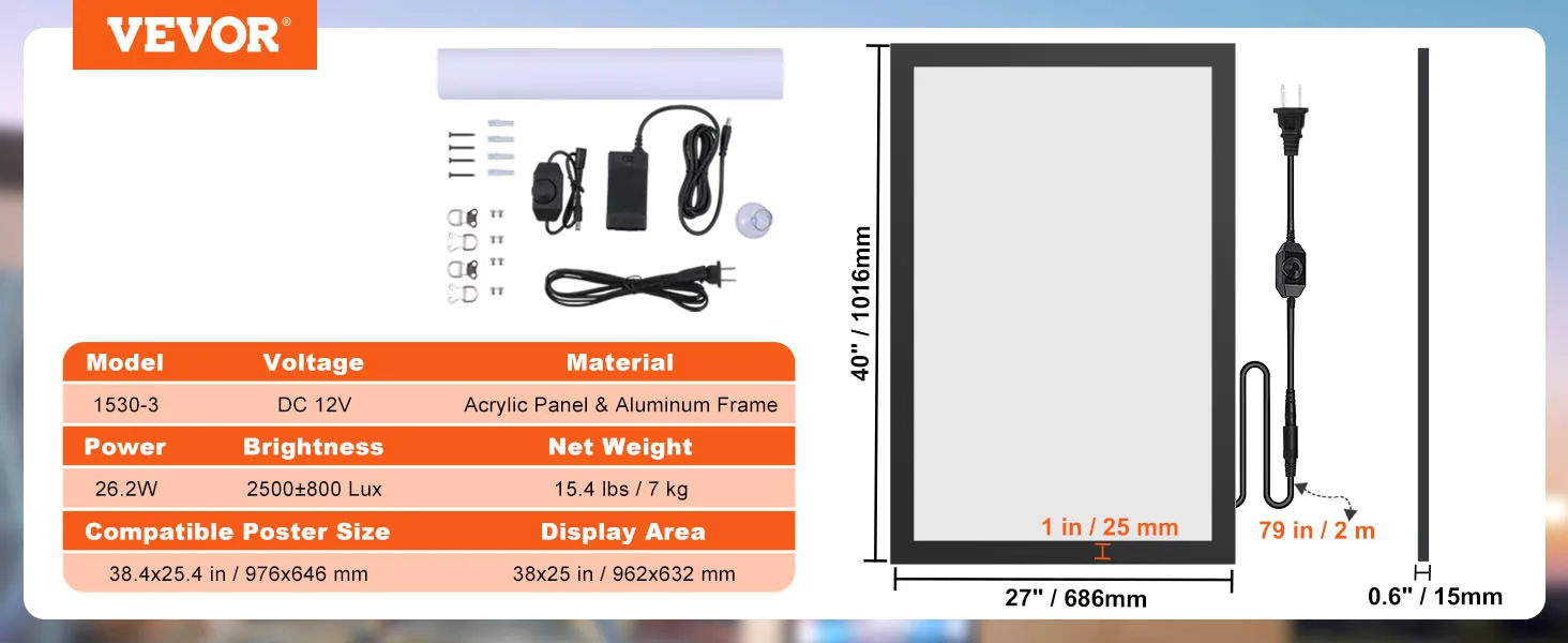 VEVOR led poster frame with acrylic panel, dimensions 40