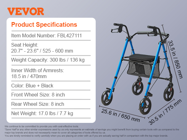 VEVOR rollator walker with seat height 20.7"-23.6", weight capacity 300 lbs, and blue-black design.
