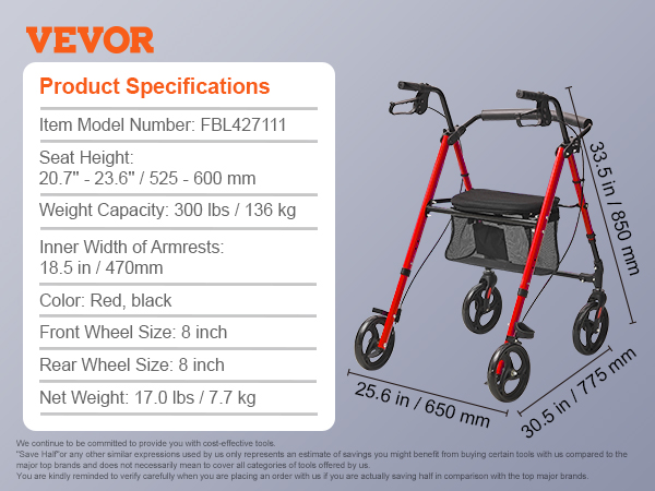 VEVOR rollator walker with 8-inch wheels, adjustable seat height, storage bag, and 300 lb weight capacity.