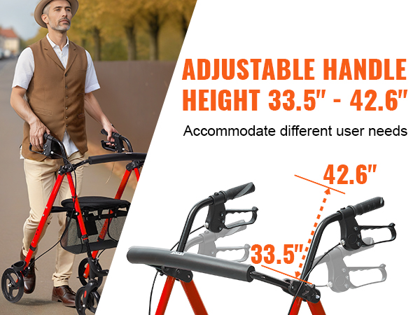 person using VEVOR rollator walker with adjustable handle height of 33.5 by 42.6 inches for varied needs.