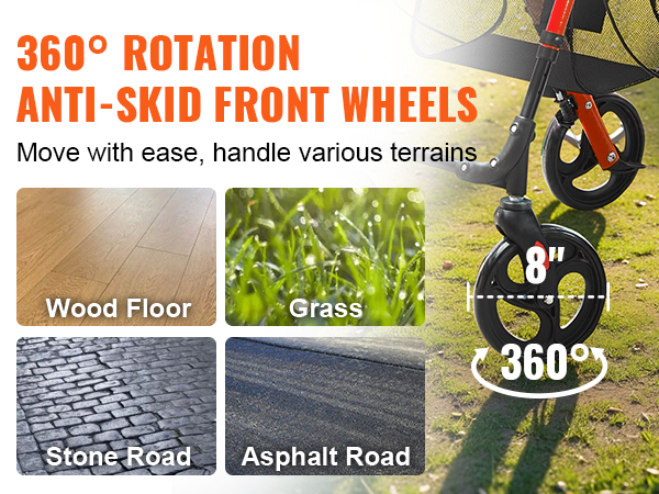 360° rotation anti-skid front wheels on VEVOR rollator walker for various terrains: wood floor, grass, stone road, asphalt road.