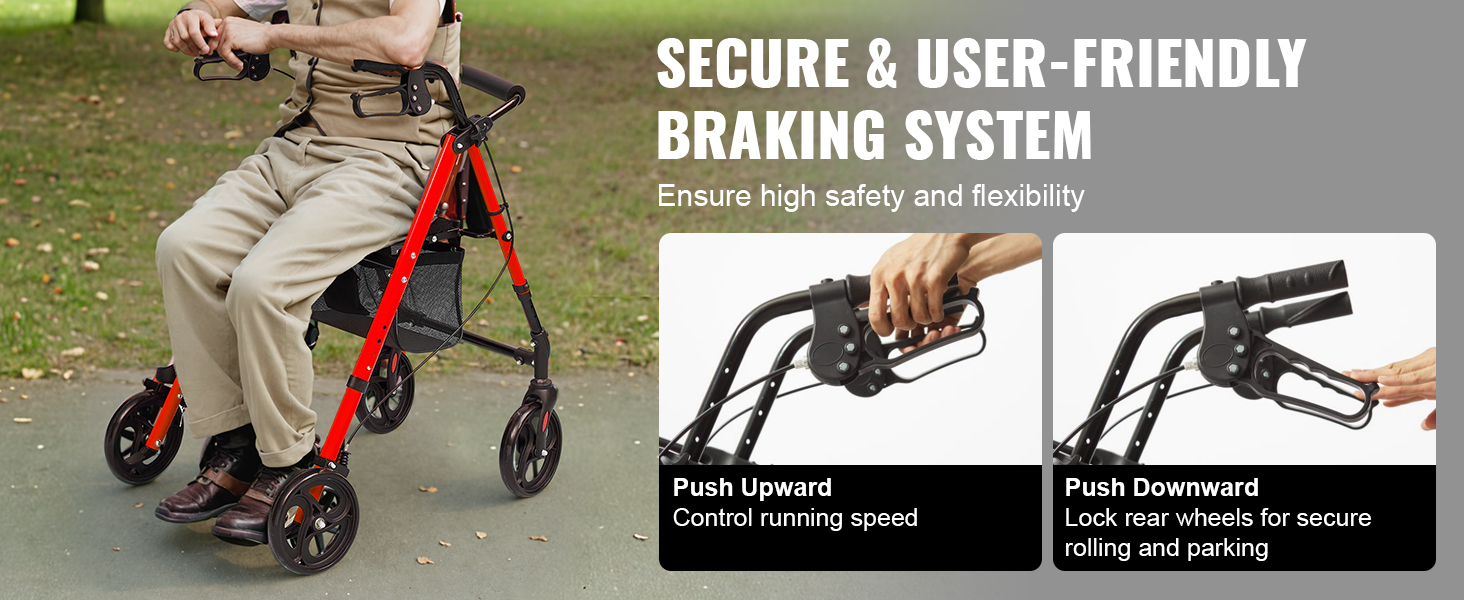 man using the VEVOR rollator walker with a secure braking system for safety and flexibility outdoors.