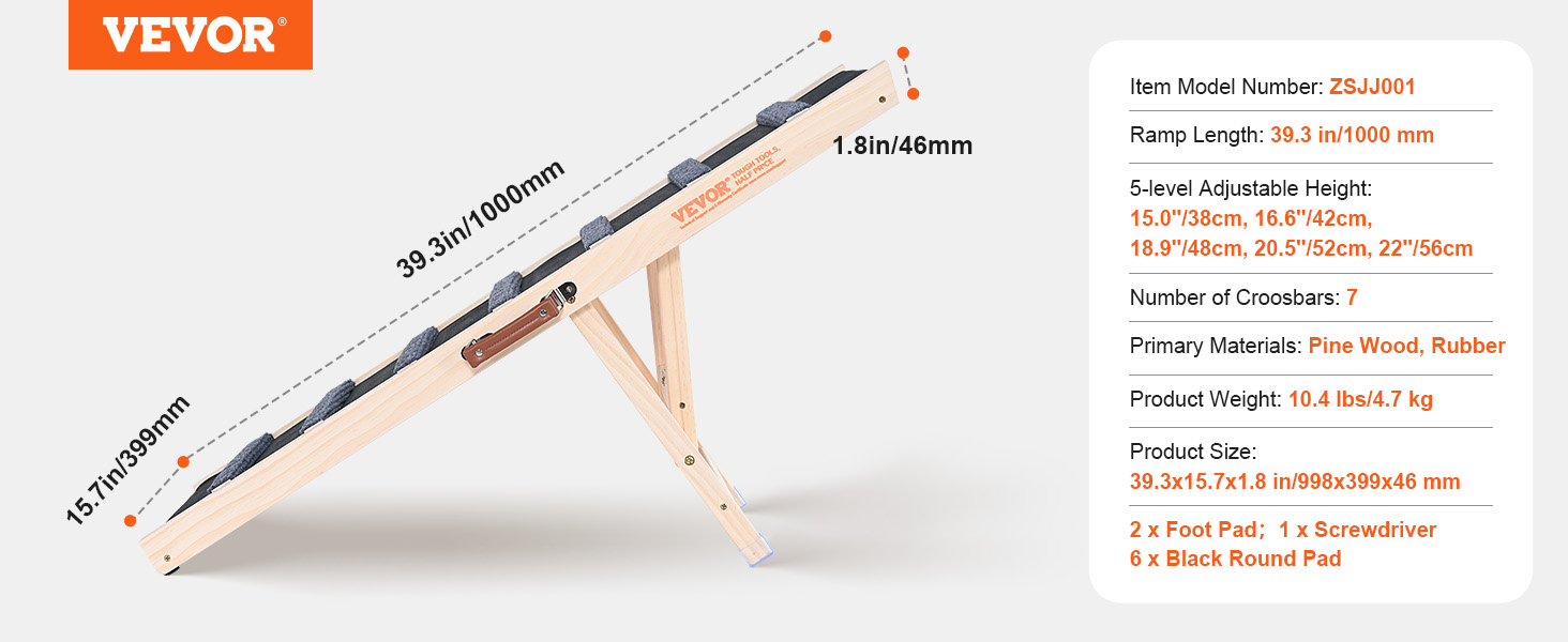 VEVOR dog ramp with adjustable height, pine wood, rubber material, 39.3in long, 7 crossbars.