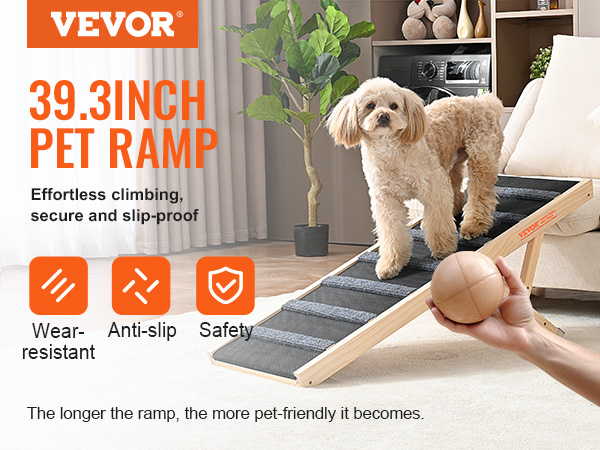 VEVOR dog ramp for effortless climbing, wear-resistant, anti-slip, safe for pets, 39.3 inches long.