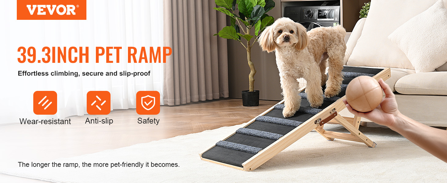 VEVOR dog ramp for effortless climbing, wear-resistant, anti-slip, safe for pets, 39.3 inches long.