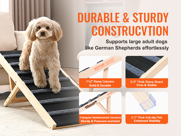 VEVOR dog ramp: durable, sturdy; supports adult dogs with anti-slip pad; ideal for indoor use.