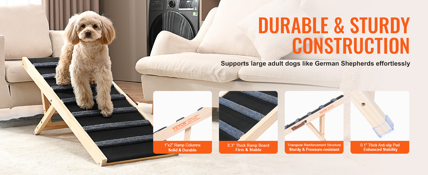 VEVOR dog ramp: durable, sturdy; supports adult dogs with anti-slip pad; ideal for indoor use.