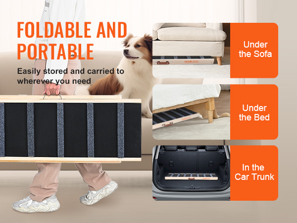 person carrying foldable and portable VEVOR dog ramp, storage options shown: sofa, bed, car trunk.