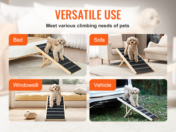 VEVOR dog ramp for bed, sofa, windowsill, and vehicle shown with a small dog using it.