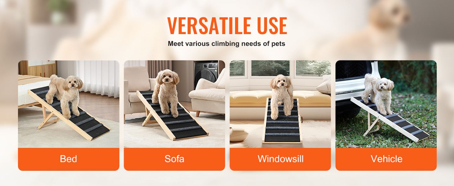 VEVOR dog ramp for bed, sofa, windowsill, and vehicle shown with a small dog using it.