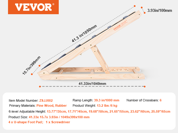VEVOR dog ramp with 6-level adjustable height, made of pine wood and rubber. ramp length: 39.3 in.