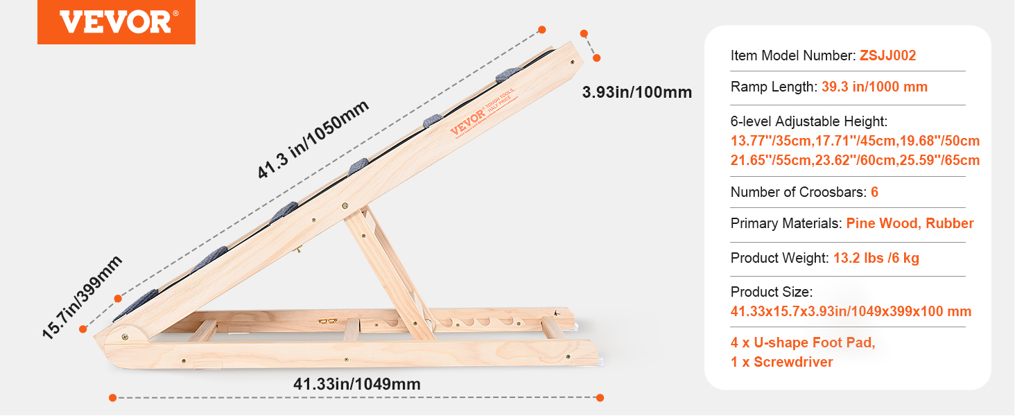 VEVOR dog ramp with 6-level adjustable height, made of pine wood and rubber. ramp length: 39.3 in.