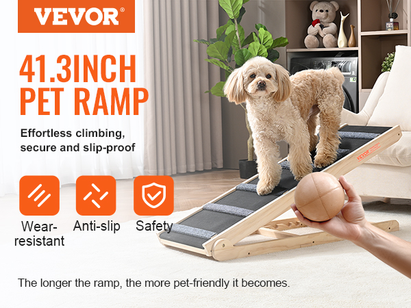 VEVOR dog ramp with anti-slip, wear-resistant, 41.3-inch ramp for pets in a cozy living room setting.