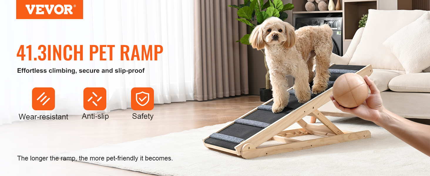 VEVOR dog ramp with anti-slip, wear-resistant, 41.3-inch ramp for pets in a cozy living room setting.