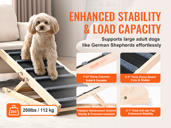 dog using the VEVOR dog ramp for enhanced stability and load capacity up to 250 lbs.