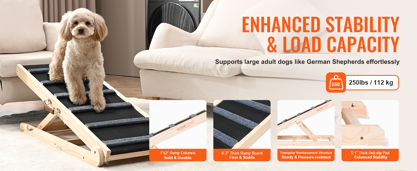 dog using the VEVOR dog ramp for enhanced stability and load capacity up to 250 lbs.