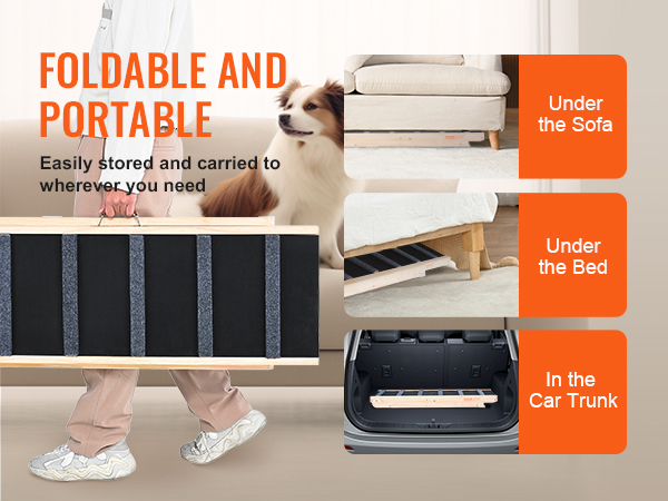 VEVOR dog ramp - foldable and portable for easy storage under the sofa, bed, or in the car trunk.