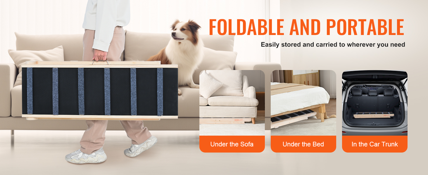 VEVOR dog ramp - foldable and portable for easy storage under the sofa, bed, or in the car trunk.