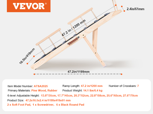 VEVOR dog ramp with 6-level adjustable height and 47.2-inch length, made of pine wood and rubber.
