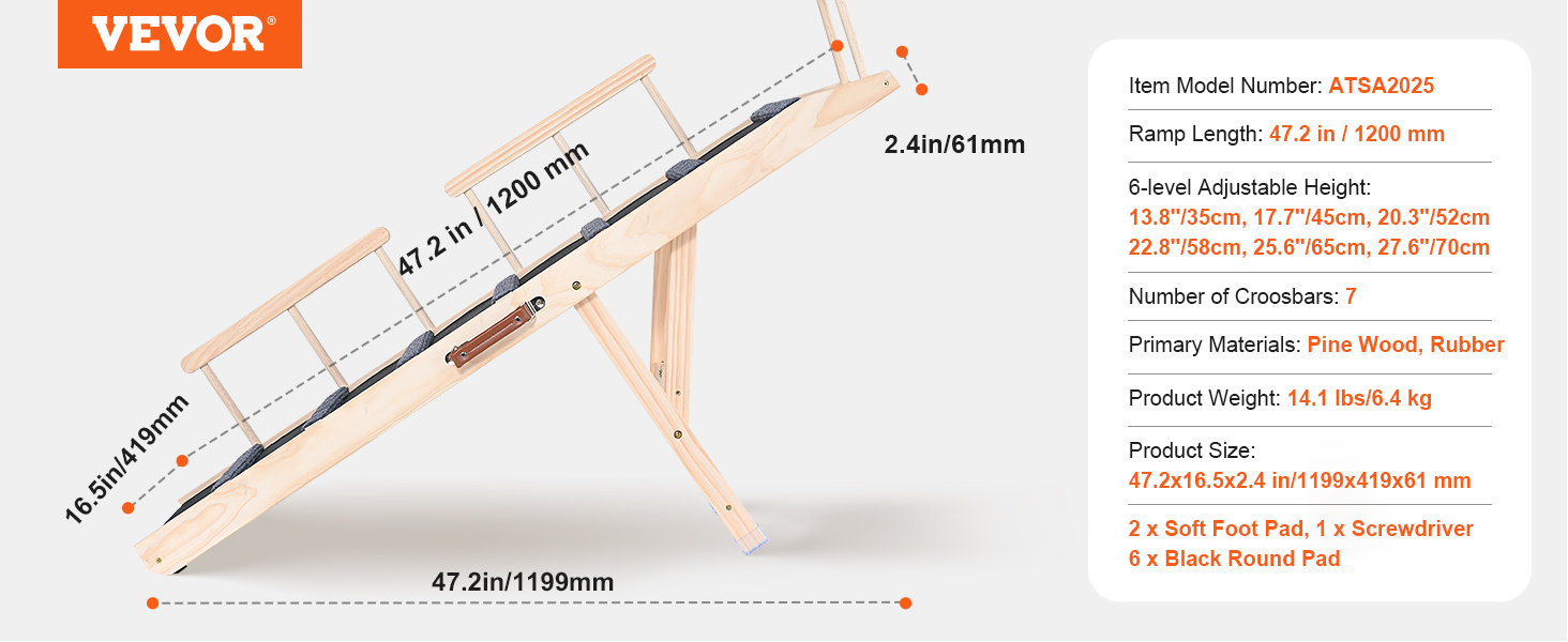VEVOR dog ramp with 6-level adjustable height and 47.2-inch length, made of pine wood and rubber.