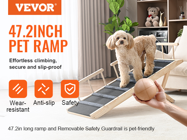 VEVOR dog ramp with safety guardrail, showing a dog on a 47.2-inch anti-slip pet ramp indoors.